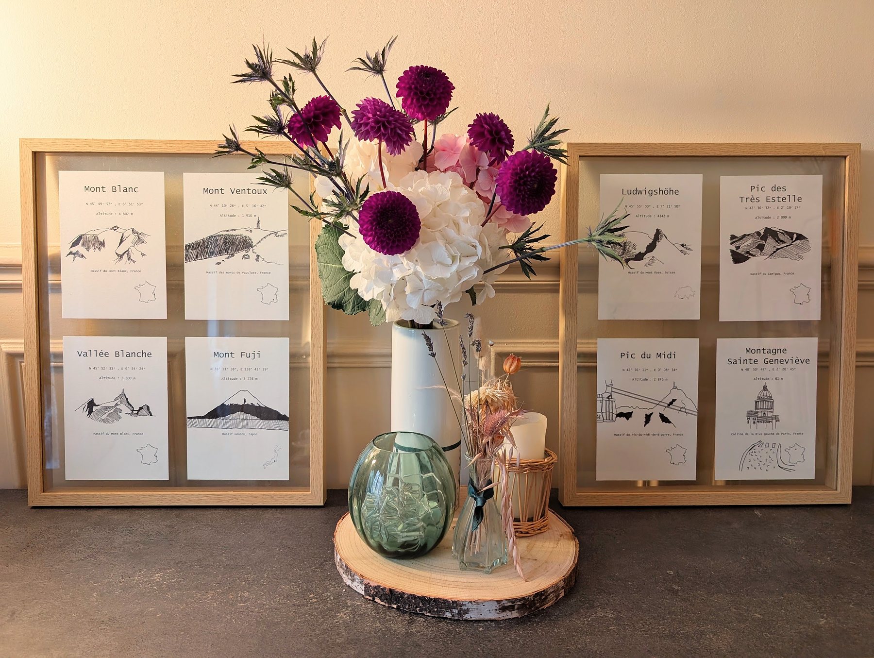 Bouquet blanc et prune dans un vase blanc, devant une série d’illustrations encadrées